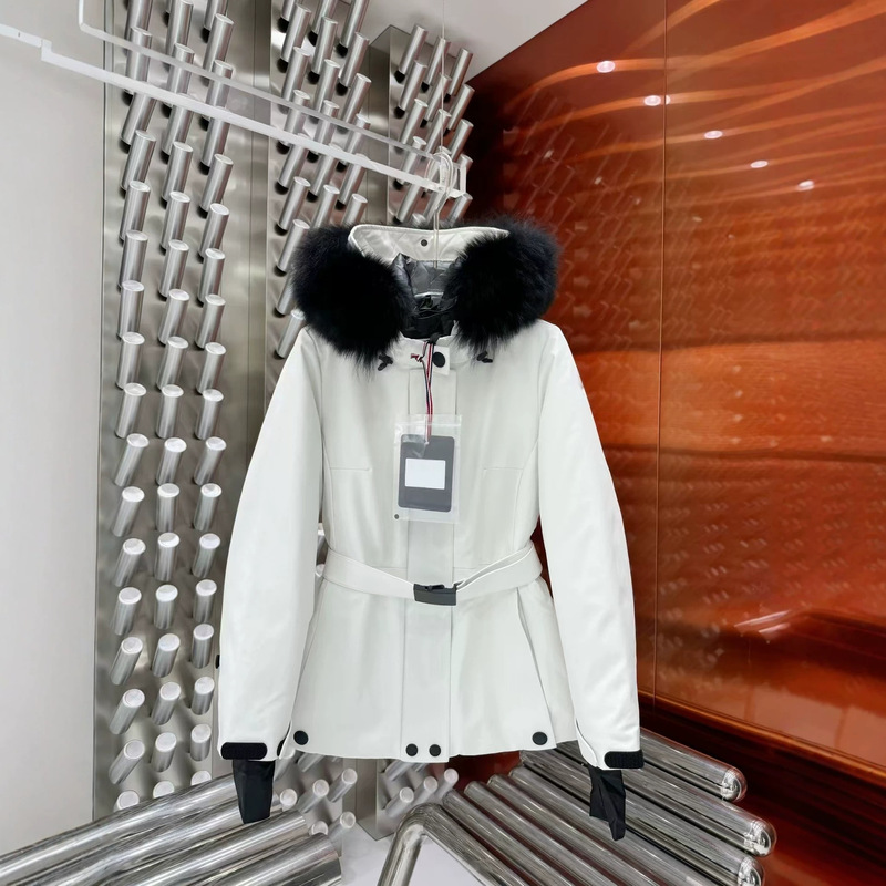 2026 Winter Moncler Short Parka with Waist Belt, Women's down Jacket with Large Fur Collar and Hood, White Goose down Coat