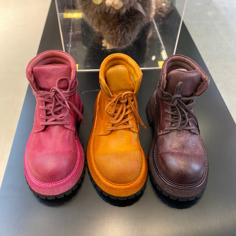 Dieao New Handmade First-Layer Calfskin High-Quality Niche Color-Washed Distressed Thick-Soled Boots Women's Short Boots Motorcycle Boots