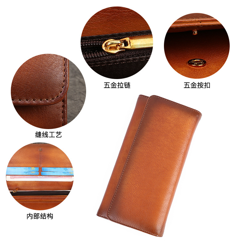 本革の財布の女性の新型のレトロな頭の層の牛革のカードの包みのシンプルな純色のボタンのハンドバッグの多機能の携帯電話の包み