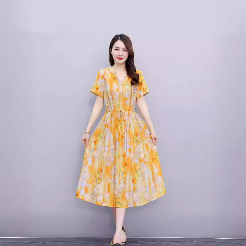 Middle-aged and elderly cotton silk dress women's summer pajamas artificial cotton floral skirt mid-length plus size homewear mom wear