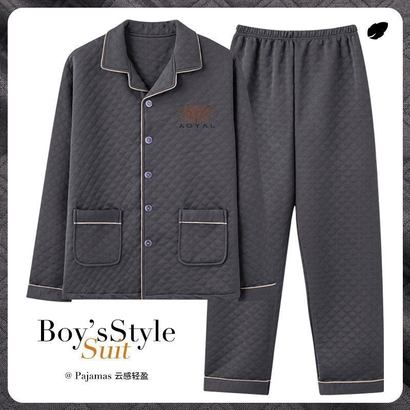 Pijamas para hombre otoño e invierno engrosamiento papá de mediana edad primavera y otoño traje de servicio a domicilio sándwich de algodón de aire de manga larga