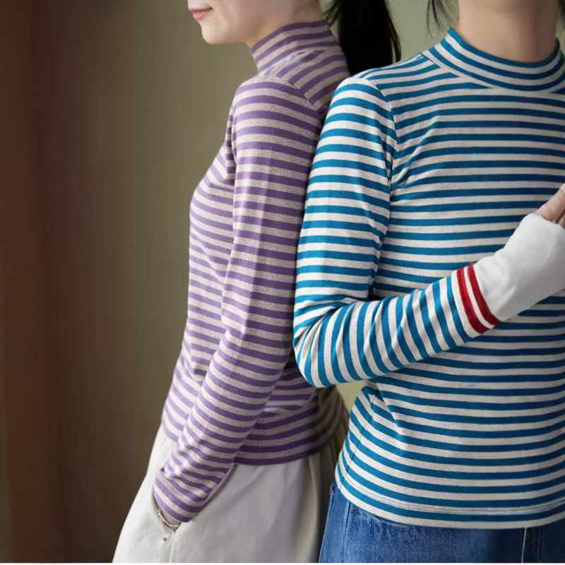 【Sports Series】Cotton Fine Striped High-Neck Slim-Fit Knit Base Layer Thermal Long-Sleeve Half-High Collar Top