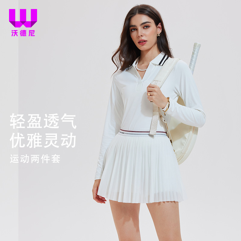 Trajes deportivos transfronterizos de mujer con solapa de mangas largas secas rápidas y delgadas, camisas de polo de cuello en V, chaqueta de fitness, falda de tenis delgada