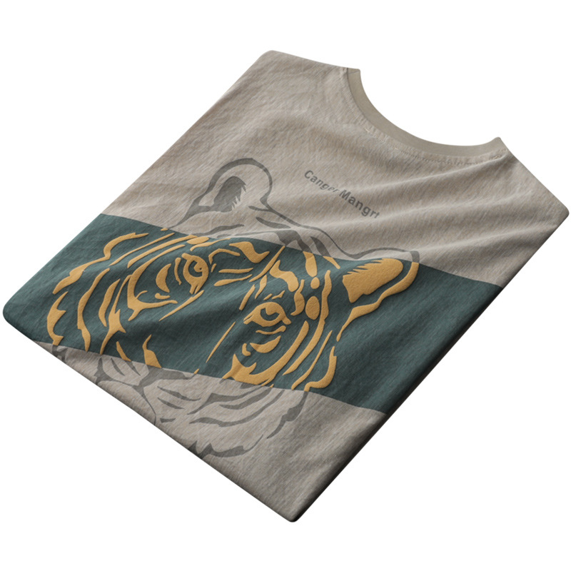 Ice silk embroidery tiger head short sleeve T-shirt men's 2024 summer new imitation linen fabric light breathable T-shirt top