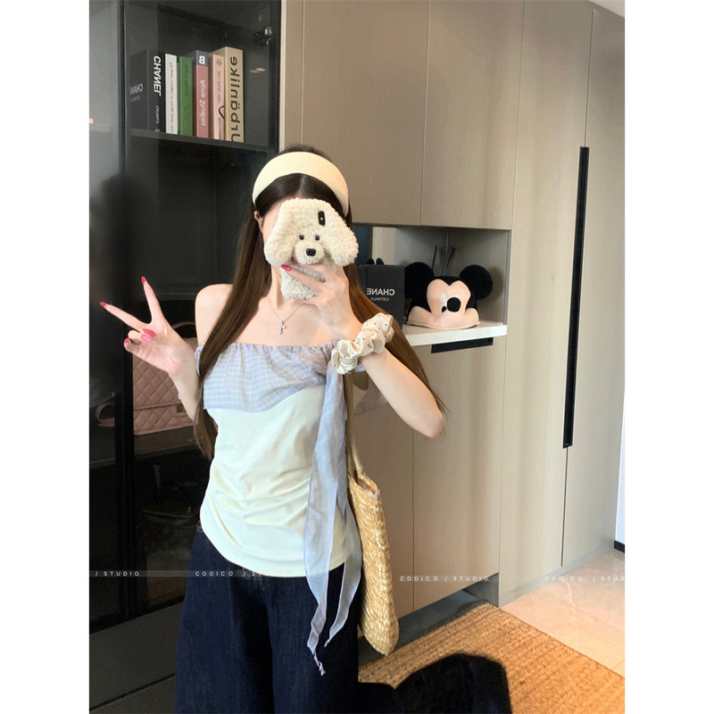 Pure Lust Chic ワンショルダー チェック柄 コントラストカラー 半袖 Tシャツ レディース 夏新作 ウエスト痩身 ユニークなトップ|undefined