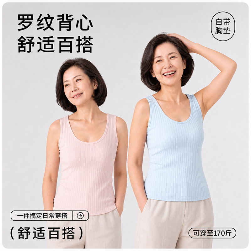 Pure Cotton Ribbed Vest for Middle-Aged and Elderly People, with Built-In Chest Pads and Fixed Cups That Won'T Move, Mom's Vest, All-Cotton Sleeveless Vest Pure Cotton Ribbed Vest for Middle-Aged and Elderly People, with Built-In Chest Pads and Fixed Cups That Won'T Move, Mom's Vest, All-Cotton Sleeveless Vest