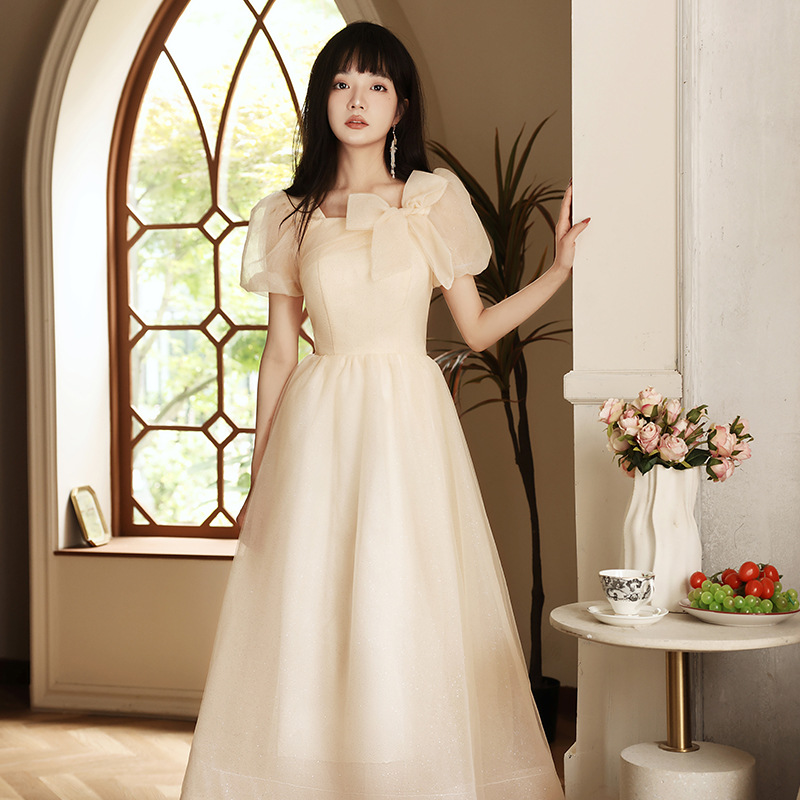 Light Champagne Color French A-Line Dress 2026 New Short-Sleeved Evening Dress Student Coming-Of-Age Ceremony Graduation Dress