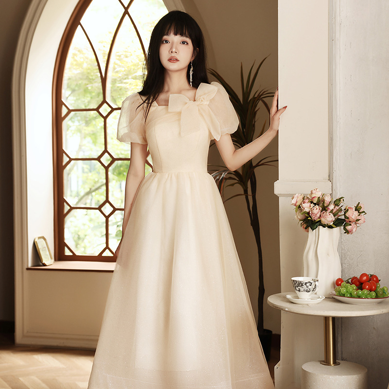 Light Champagne Color French A-Line Dress 2026 New Short-Sleeved Evening Dress Student Coming-Of-Age Ceremony Graduation Dress