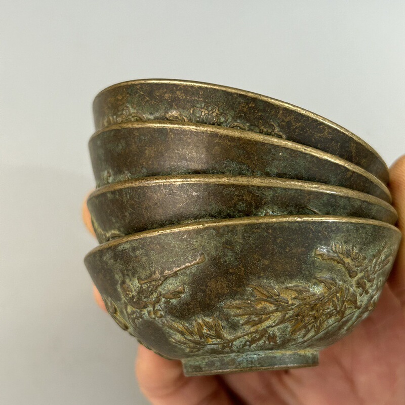 Antique Copper Bowl Collection, Antique Bronze Plum, Orchid, Bamboo and Chrysanthemum Small Bowls and Plates, a Set of Four Copper Bowls, Home Furnishings, Tea Bowls