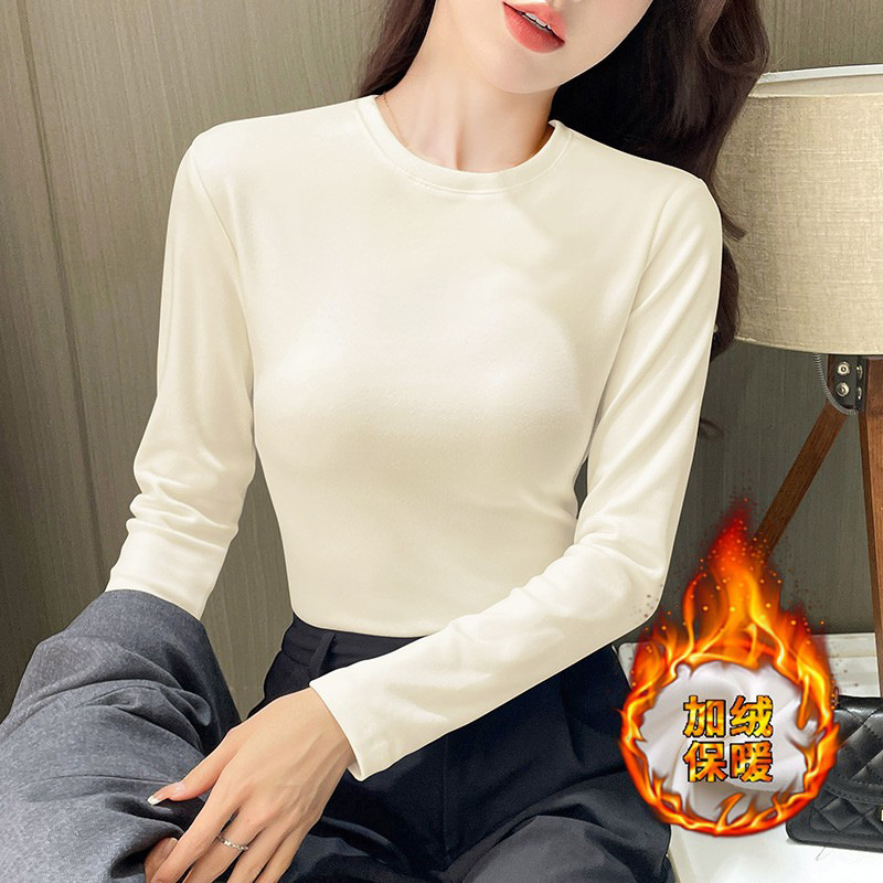 双面德绒圆领加绒打底衫女秋冬款纯色洋气修身显瘦保暖打底上衣|undefined