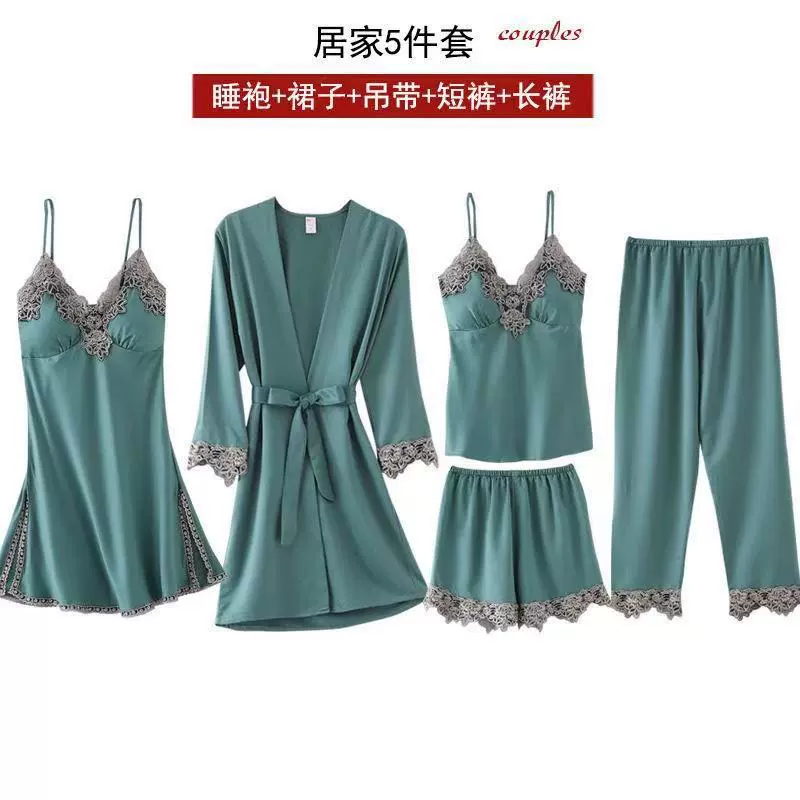 跨境外贸新款吊带睡衣 五件套睡裙 蕾丝边丝滑柔软女家居服批发