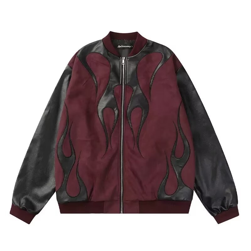 Men's Clothing high street stitching PU leather contrast color pilot jacket retro men and women couple loose casual baseball jacket_voghion.com