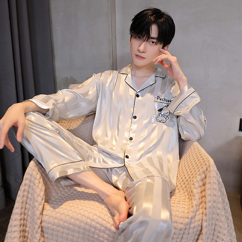 New Jacquard Ice Silk Double-Length Men's Fashion Luxury Simple Home Wear Pajamas Printed Letters Spring and Summer New Jacquard Ice Silk Double-Length Men's Fashion Luxury Simple Home Wear Pajamas Printed Letters Spring and Summer