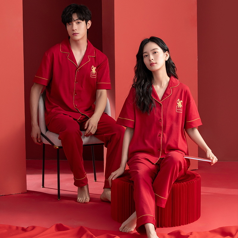 [Antibacteriano] pijamas para hombres primavera y otoño algodón de manga corta pareja ropa de boda de verano rojo damas servicio a domicilio