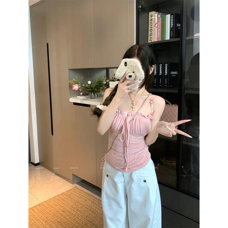 Light Pink Beaded Shoulder Straps, Lace Splicing Suspender Tops, Slimming Design, Sexy Summer Vacation Light Pink Beaded Shoulder Straps, Lace Splicing Suspender Tops, Slimming Design, Sexy Summer Vacation