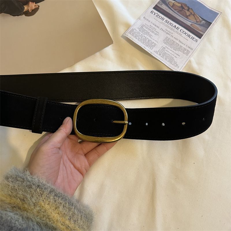 Wide Waist Belt For Coats Women's Retro Brown Gold Buckle Double Layer Cowhide Suede High-End Belt Autumn Winter New Arrival - Thumbnail 7
