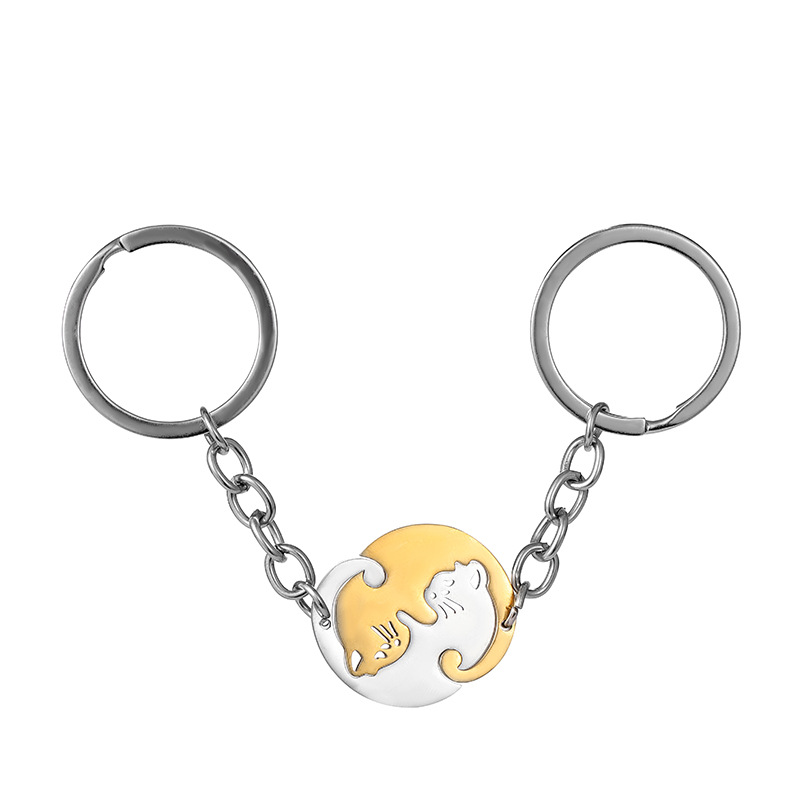 Chaveiro com pingente de gato preto e branco para casais, chaveiro anti-perda de aço inoxidável, bolsa com pingente, acessórios_voghion.com