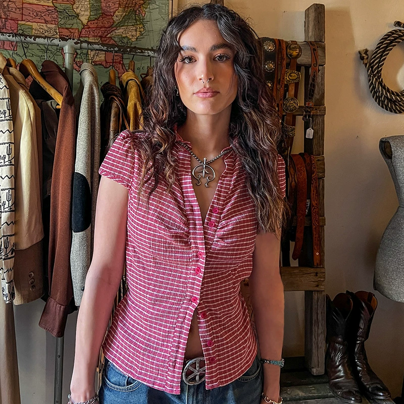 Американский академический стиль выпуклый клетчатый узор простой повседневная дикая рубашка ретро уличный отворот талии тонкая рубашка