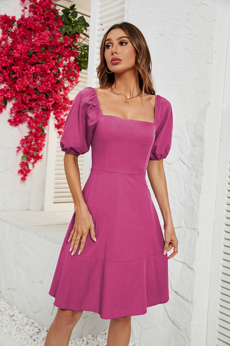 2023 Summer New Solid Square Neck Bubble Sleeve Dress for Women_voghion.com