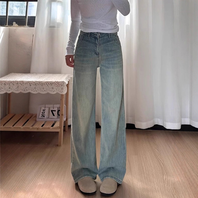 浅色阔腿牛仔裤女2025夏新款梨形身材高个子加长窄版直筒拖地裤|undefined