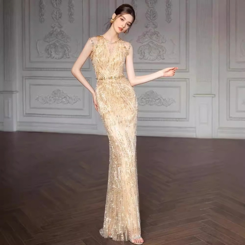 Evening Dress Women's Golden Heavy Industry High-end Banquet Light Luxury Elegant Socialite Engagement Sequin Fishtail Dress Toast Dress Bride
