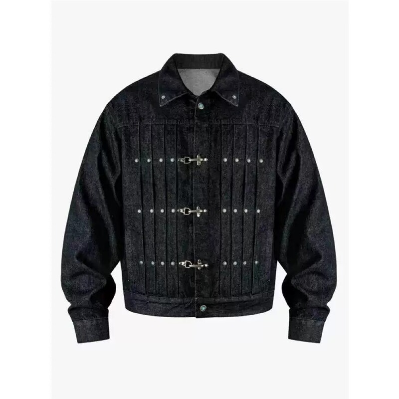American-style streetwear denim jacket with airplane buckle and turn-down collar for men, vintage short and wide workwear jacket for spring and autumn American-style streetwear denim jacket with airplane buckle and turn-down collar for men, vintage short and wide workwear jacket for spring and autumn
