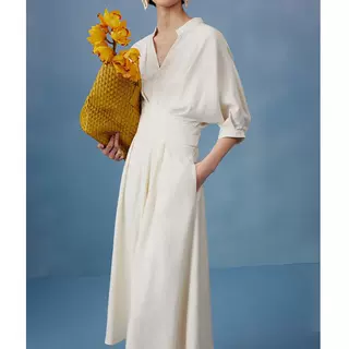 清仓处理 新款纯色 天丝连衣裙女夏纯色V领收腰长裙 女