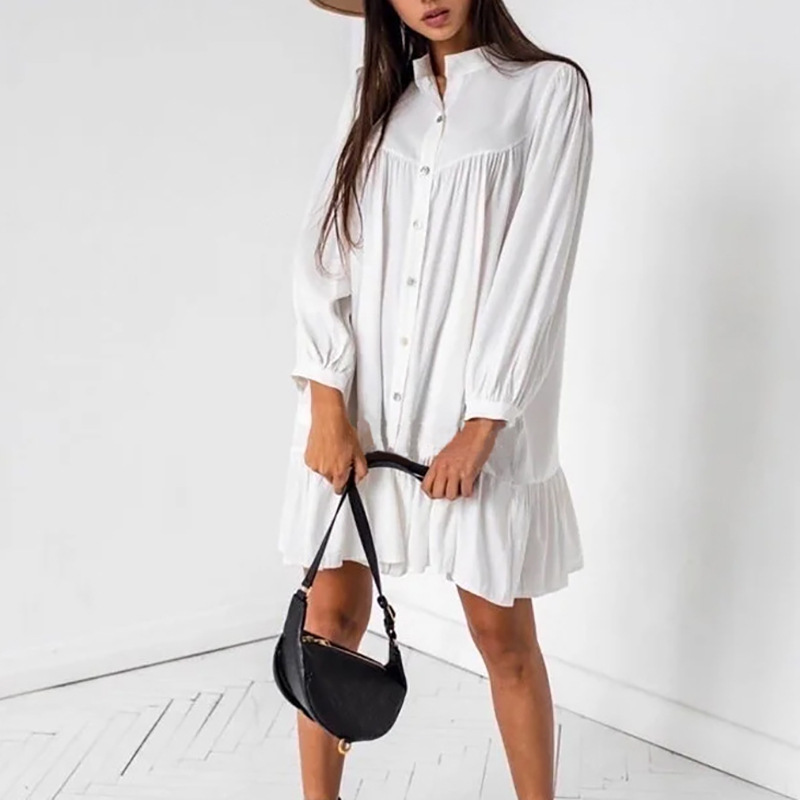 long-sleeved single-breasted ruffled loose dress NSHZ47204