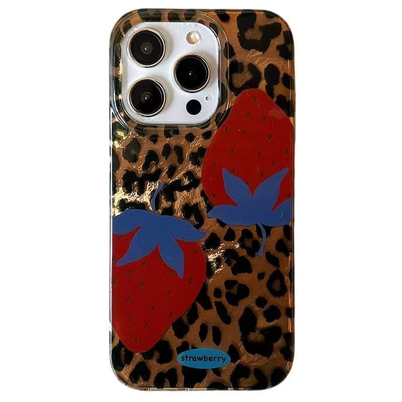 Dulce y cool chica con estampado de leopardo fresa 15ProMax nueva funda para teléfono iphone16 para Apple 14 mujer 13 colgante