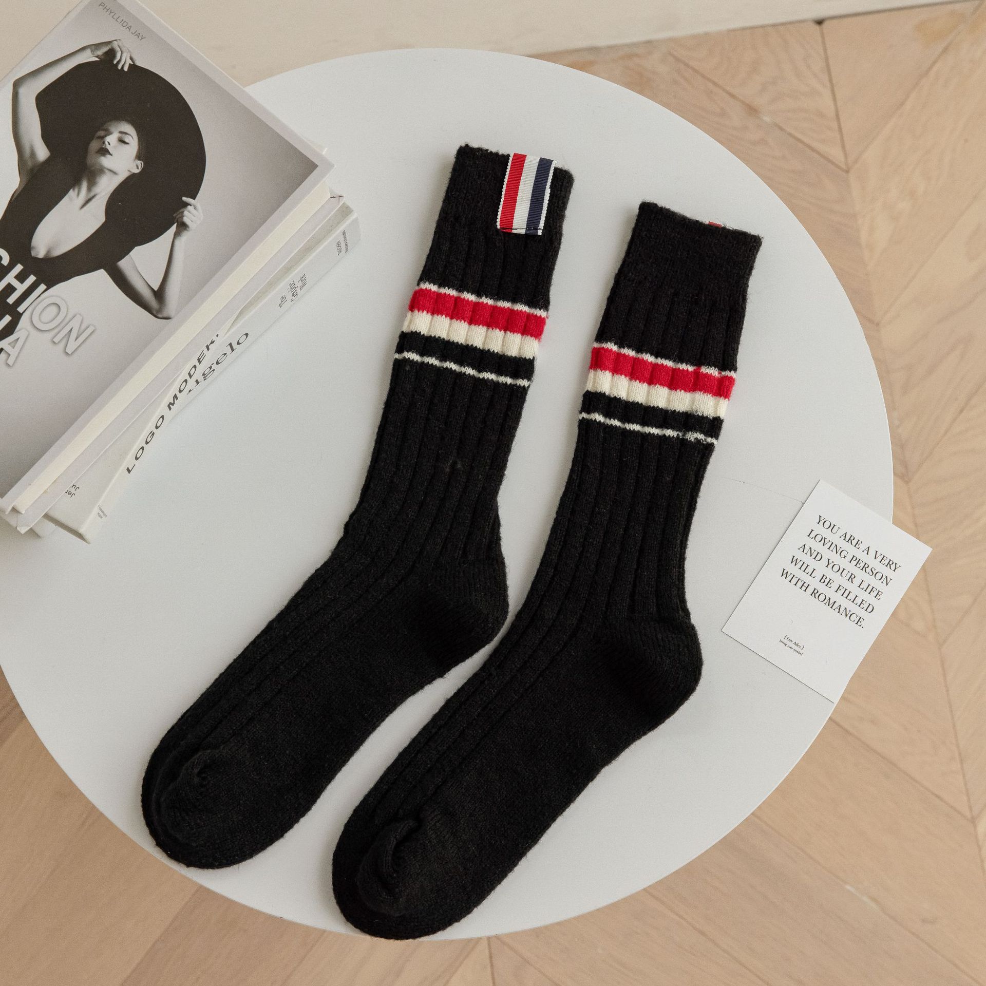 2PCS Loose autumn and winter cashmere mid length stockings for children's ins trendy stripe labels, stacked stockings,_voghion.com