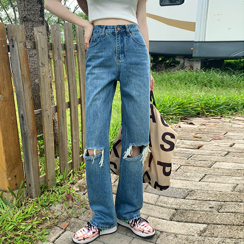 Broken jeans female 2021 new wave autumn and winter small small high waist thin straight loose vertical wide leg pants