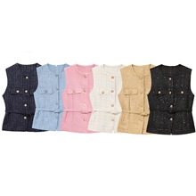 跨境外贸女装2025春夏季欧美风纽扣饰圆领无袖马甲上衣女K52508