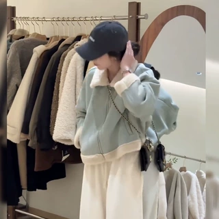 皮毛一体小个子拉链保暖羊羔毛加厚韩系冬季鹿皮绒翻领上衣外套女