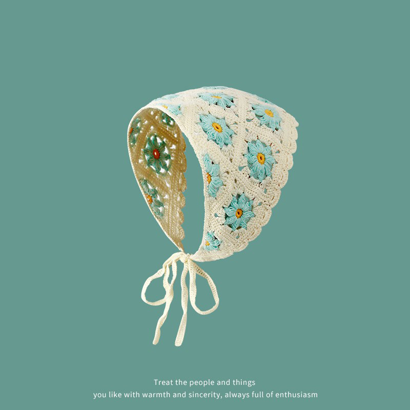 Francés vintage turbante mujer turbante triángulo de dopamina viaje dulce encantador gancho flores estilo de arte de punto de moda correa de pelo
