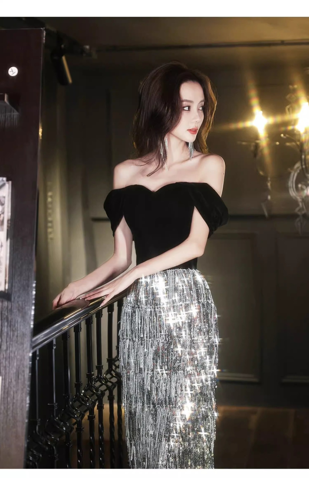 Đầm dạ hội nữ trễ vai đính sequin phong cách Pháp — Màu hình ảnh mẫu dài chi tiết 17