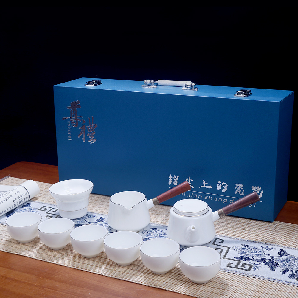 轻奢羊脂玉白瓷功夫茶具套装家用描金高档側把壶茶杯礼盒精装批发