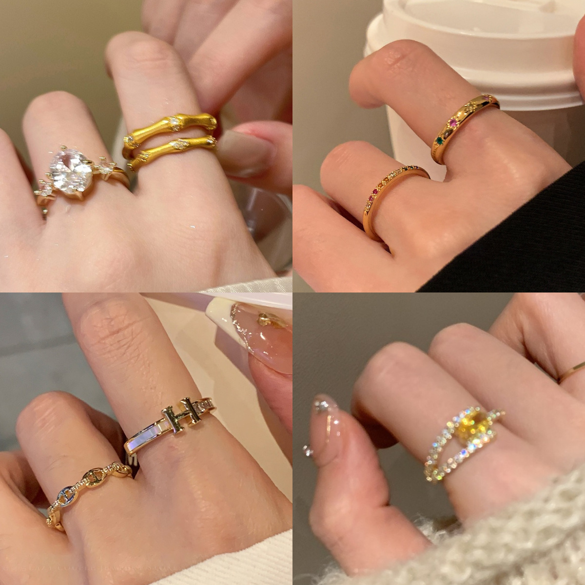 korean style light luxury zircon geometric open ring exquisite fashion simple bracelet index finger ring elegant bracelet accessories