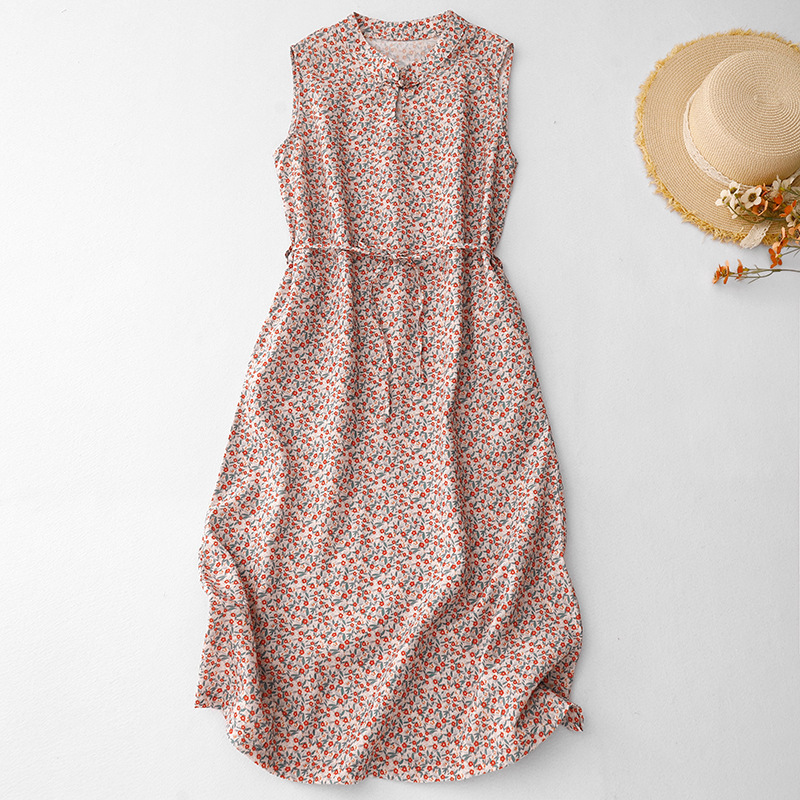 2025 Summer New Vintage Printed Artistic Loose Japanese Style Sleeveless Vest Base dress Midi Dress for Women