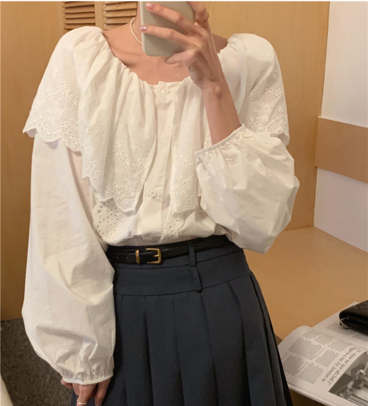Korean Style French Style Heavy Industry Lace Stitching Large Lapel Elasticated Off-Shoulder Long Sleeve Loose Long Sleeve White Shirt for Women
