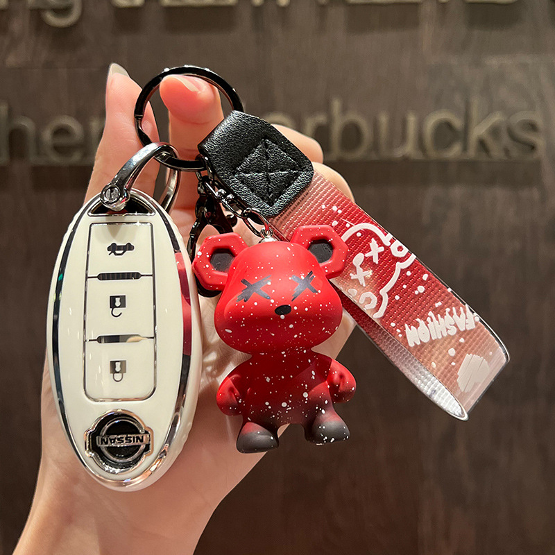 닛산 C-스마트 3 키 [싱글 쉘 화이트] + 레드 폭력 곰 펜던트