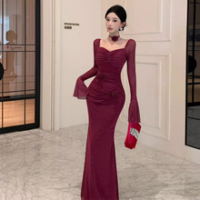 8532欧美东南亚外贸批发2025女装法式名媛细闪花朵装饰礼服连衣裙