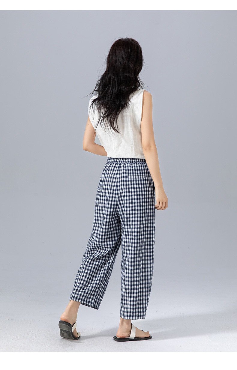 Quần culottes nữ ống rộng cạp cao kẻ sọc linen phong cách Hàn Quốc mùa hè — Caro xanh lam chi tiết 28