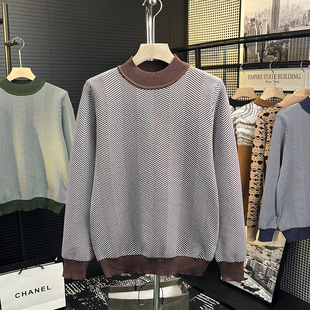 Autumn and Winter Simple Gentleman Contrast Color Striped Wool Sweater Men's Warm Design Sense Casual Crewneck Sweater Thickened