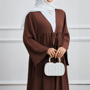 Spot 2025 New Middle Eastern Muslim Fashionable and Elegant Long-Sleeved Strappy Cardigan Dress Robe Cross-Border Abaya