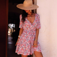 跨境亚马逊时尚经典小碎花印花深v领短袖街头风收腰连衣裙女