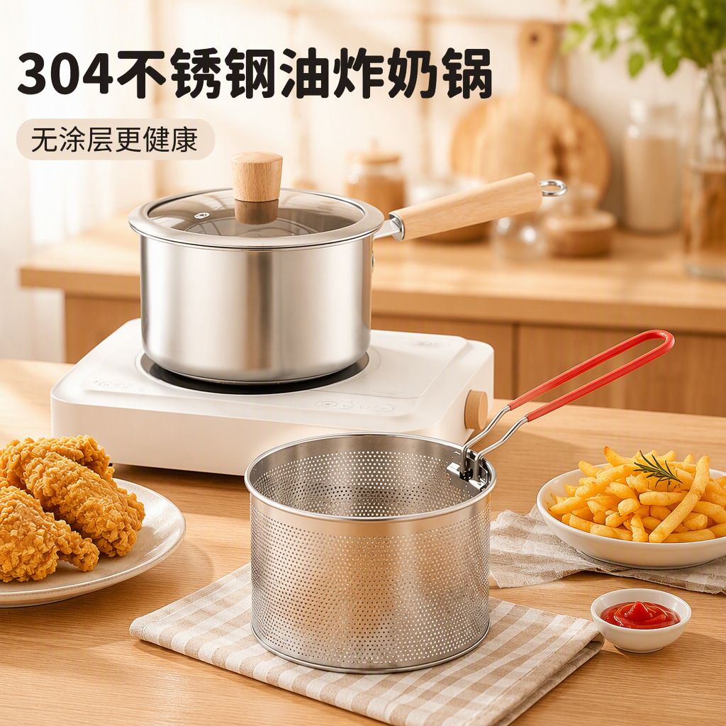 304不锈钢油炸奶锅家用带滤网小油锅省油无涂层辅食锅煮面汤锅