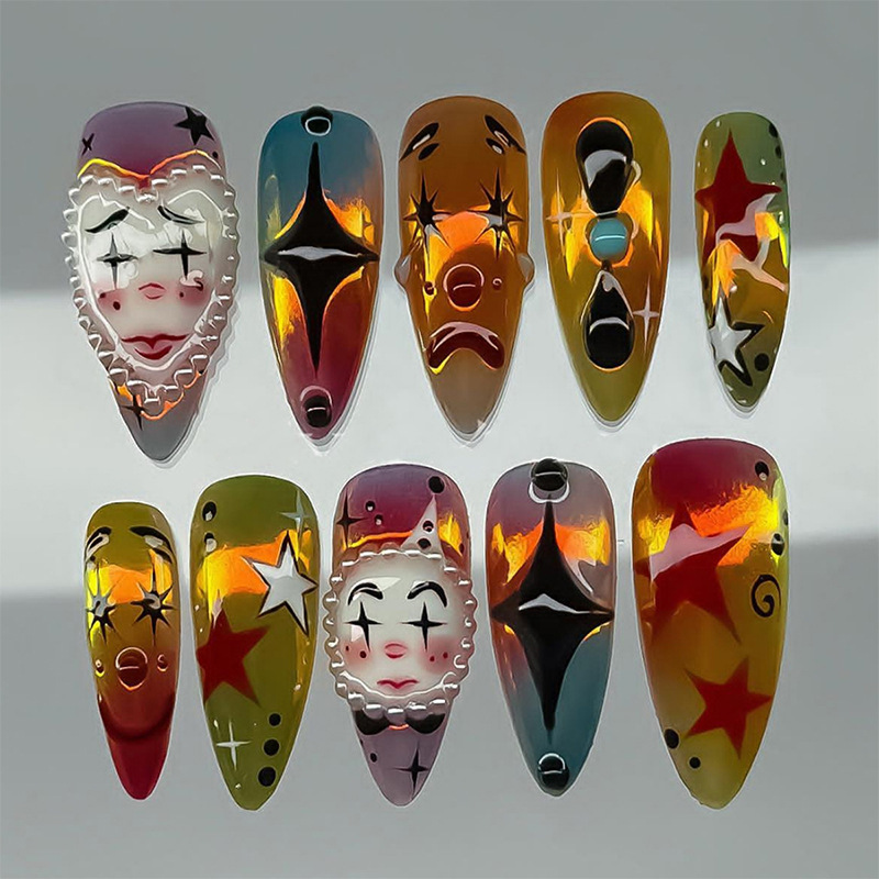 Halloween New Style Wearable Nails 30 Pieces Long Almond Pearl Clown Colorful Retro Style Nail Stickers Fake Nails