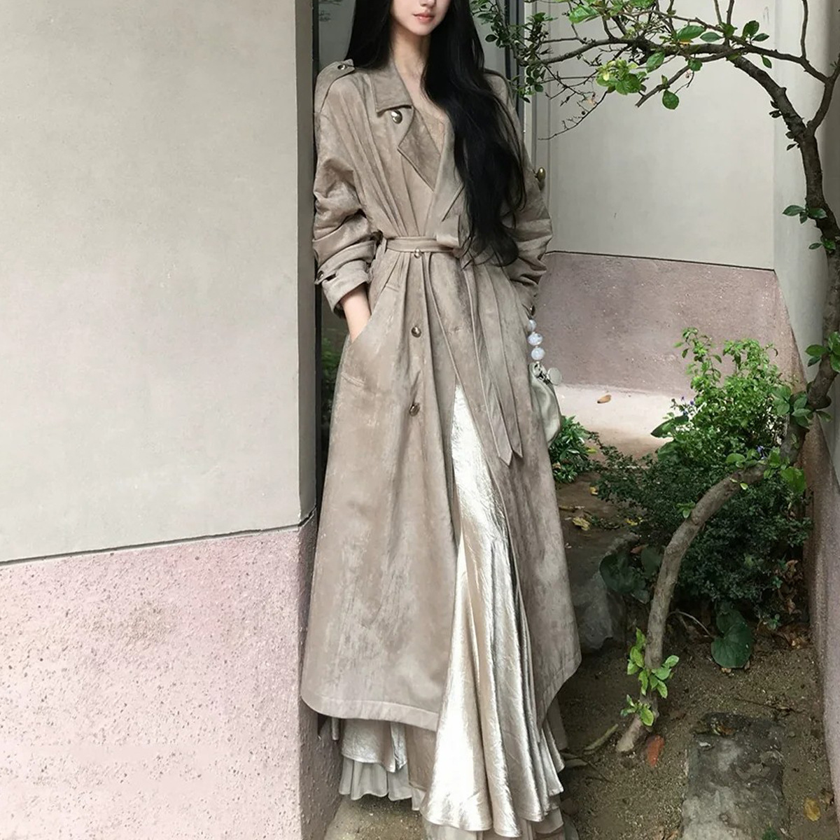 柏林拾光 麂皮长风衣外套女秋季穿搭新款富家千金大衣