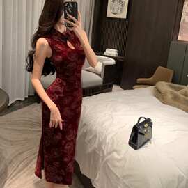 亚马逊速卖通eBay独立站新中式无袖镂空复古中长旗袍红色连衣裙