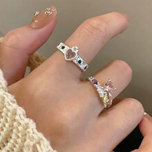 甜酷风粉钻爱心戒指女夏轻奢小众设计感指环精致开口可调节食指戒